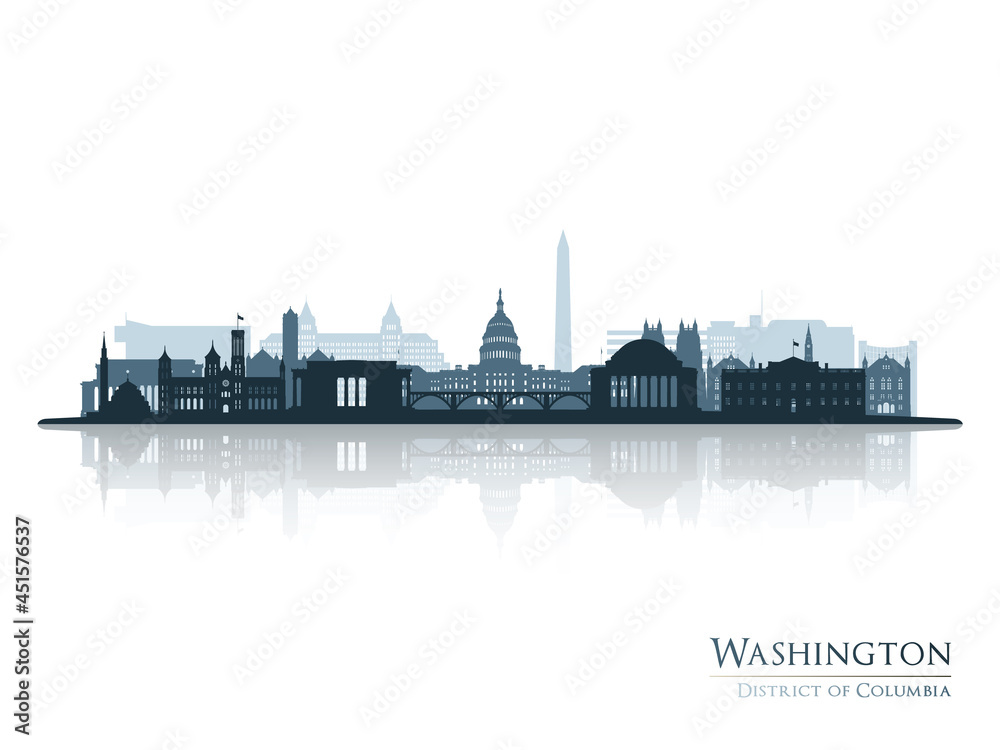 Washington skyline silhouette with reflection. Landscape Washington DC. Vector illustration.