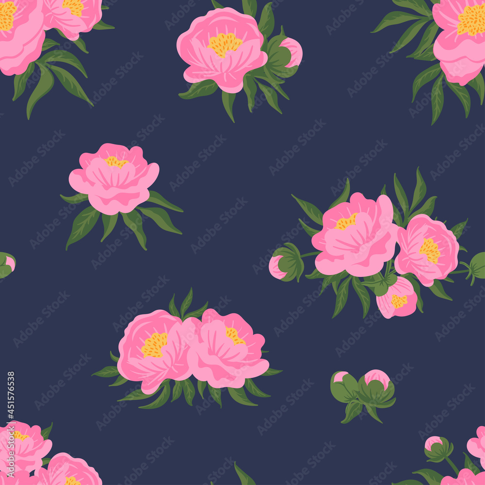 Floral vector seamless pattern with blooming peony flowers, buds, bouquet, garland, leaves. Vintage hand drawn background for decoration, wrapping, textile, fabric.