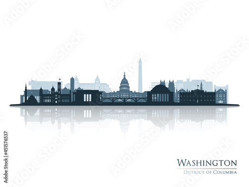 Washington skyline silhouette with reflection. Landscape Washington DC. Vector illustration.