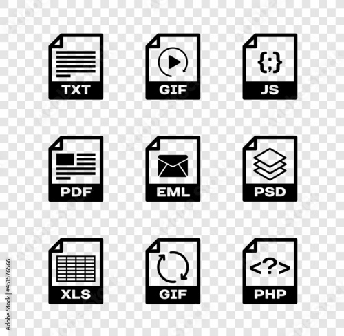 Set TXT file document, GIF, JS, XLS, and PHP icon. Vector