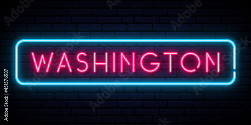 Washington neon signboard. Glowing banner. Stock vector illustration.