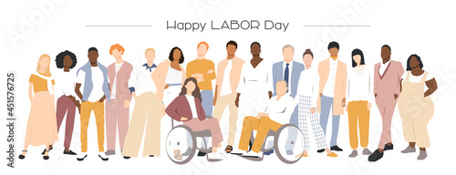 Happy Labor Day card. People of different ethnicities stand side by side together. Flat vector illustration.	