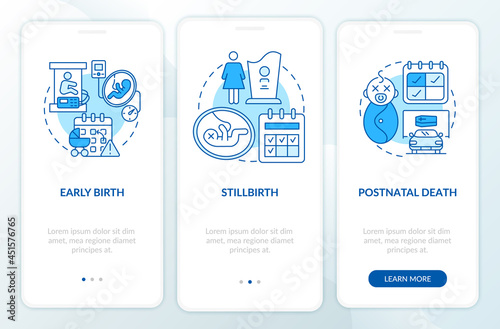 Maternity leave entitlement cases blue onboarding mobile app page screen. Walkthrough 3 steps graphic instructions with concepts. UI, UX, GUI vector template with linear color illustrations