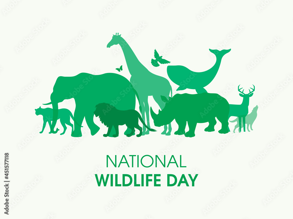 National Wildlife Day Poster with green silhouettes of wild animals icon vector. Wild animals silhouette set. Environmental icon vector. Group of animals icon. Important day