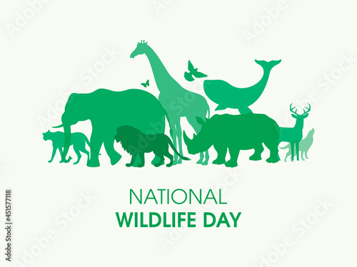 National Wildlife Day Poster with green silhouettes of wild animals icon vector. Wild animals silhouette set. Environmental icon vector. Group of animals icon. Important day