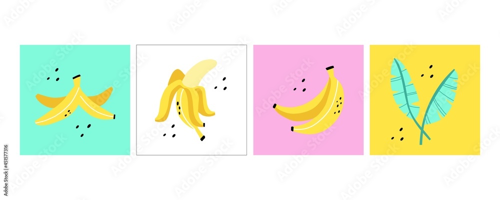 Banana postrs set. Exotic tropical fresh fruit, whole and sliced with green leaves, bananas peel, simple cards collection, vector cartoon minimalistic style isolated illustration