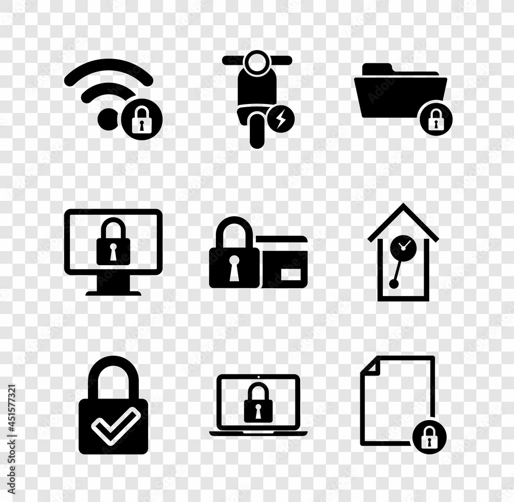 Set Wifi locked, Electric scooter, Folder and, Lock check mark, Laptop and Document icon. Vector Set Wifi locked, Electric scooter, Folder and, Lock check mark, Laptop and Document icon. Vector