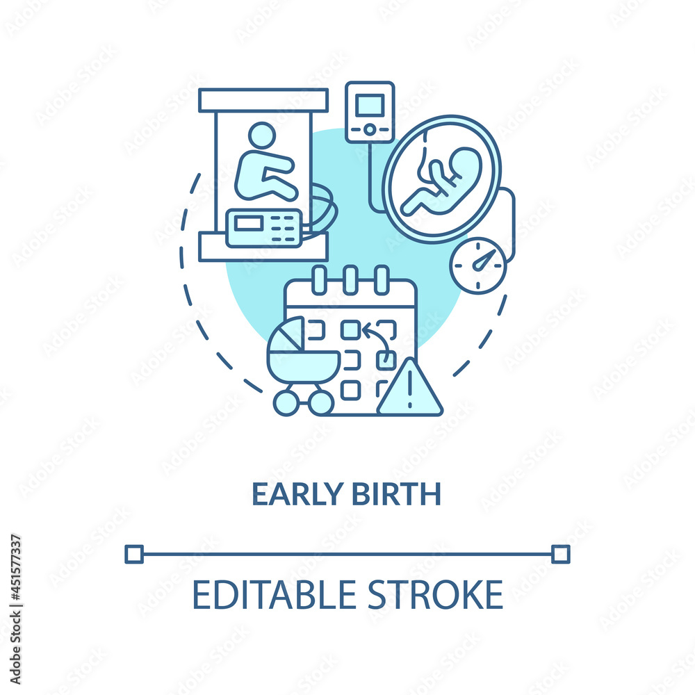 Early birth blue concept icon . Premature childbirth abstract idea thin line illustration. Statutory maternity leave in case of preterm labor. Vector isolated outline color drawing. Editable stroke