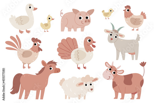 Set of animals on the farm.Goose, duckling, pig, chicken, rooster, turkey, goat, sheep, horse, cow.Agriculture.