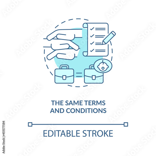 Same terms and conditions blue concept icon . Get back to work after parental leave abstract idea thin line illustration. Employee rights. Vector isolated outline color drawing. Editable stroke