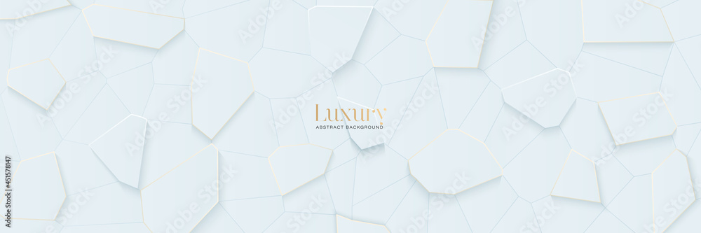 Luxury abstract white voronoi blocks background with gold line. Modern elegant style polygonal shapes elements. Clean simple geometric shapes texture concept. Vector illustration - obrazy, fototapety, plakaty 