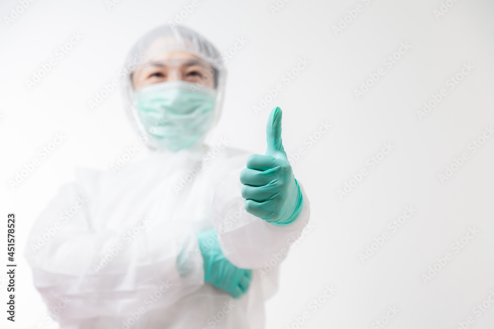 Doctor gesture up confidence Let the patient for outbreak COVID-19. Medical worker in PPE performing for Prevention of pandemic. scientist in biological protective Epidemic virus outbreak concept. Doctor gesture up confidence Let the patient for outbreak COVID-19. Medical worker in PPE performing for Prevention of pandemic. scientist in biological protective Epidemic virus outbreak concept.