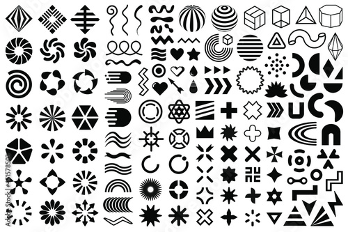Vector shapes, black flat geometric design elements. Memphis set, group of abstract modern shapes and forms. Decorative elements collection.