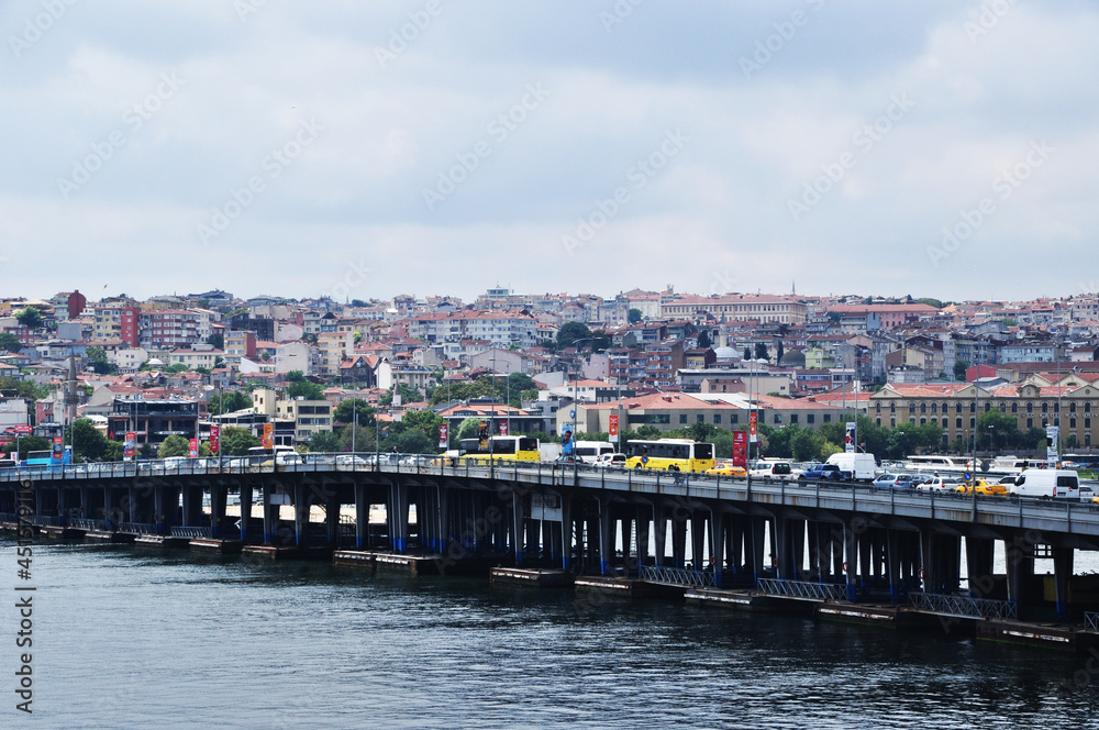 Big bridge across the strait. A large number of cars on the bridge. Before the storm. July 09, 2021, Istanbul, Turkey.