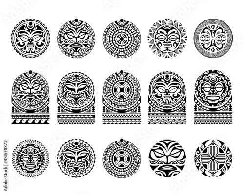 Big set of tattoo sketch maori style. Round and for shoulder with sun symbols and swastika

