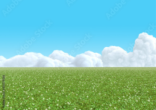 Realistic empty green clover field with white clouds on blue sky. Horizontal clean panorama background. Bright 3d illustration.