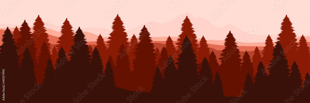 forest mountain flat design vector banner template good for web banner, ads banner, tourism banner, wallpaper, background template, and adventure design backdrop - obrazy, fototapety, plakaty 