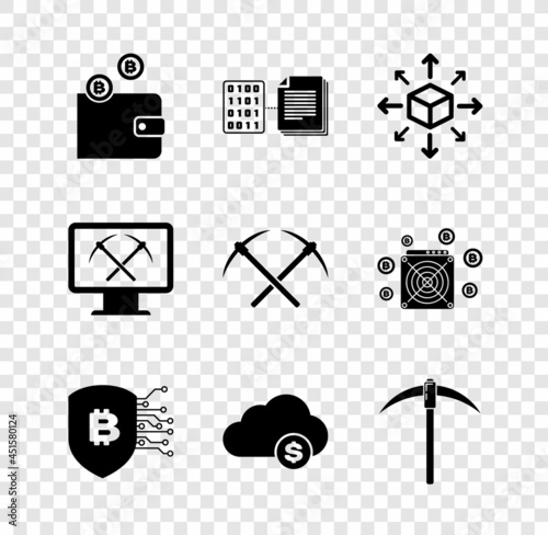 Set Cryptocurrency wallet, Smart contract, Distribution, Shield with bitcoin, cloud mining and Pickaxe icon. Vector