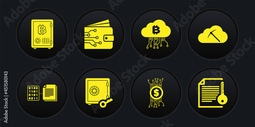 Set Smart contract, Cryptocurrency cloud mining, Proof of stake, bitcoin circuit, and wallet icon. Vector