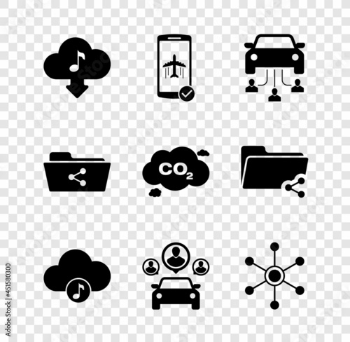 Set Cloud download music, Flight mode in the mobile, Car sharing, Music streaming service, and Network icon. Vector