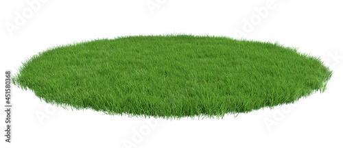 Round surface patch covered with green grass isolated on white background. Realistic natural element for design. Bright 3d illustration. photo