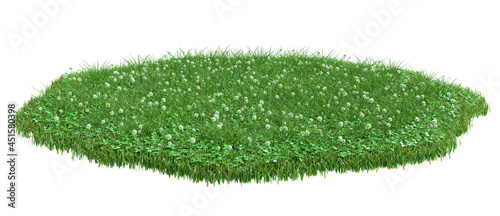 Round surface patch covered with clover and green grass isolated on white background. Realistic natural element for design. Bright 3d illustration.