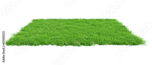 Squared surface patch covered with green grass isolated on white background. Realistic natural element for design. Bright 3d illustration. photo