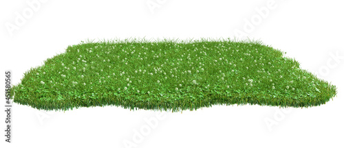 Squared surface patch covered with clover and green grass isolated on white background. Realistic natural element for design. Bright 3d illustration.