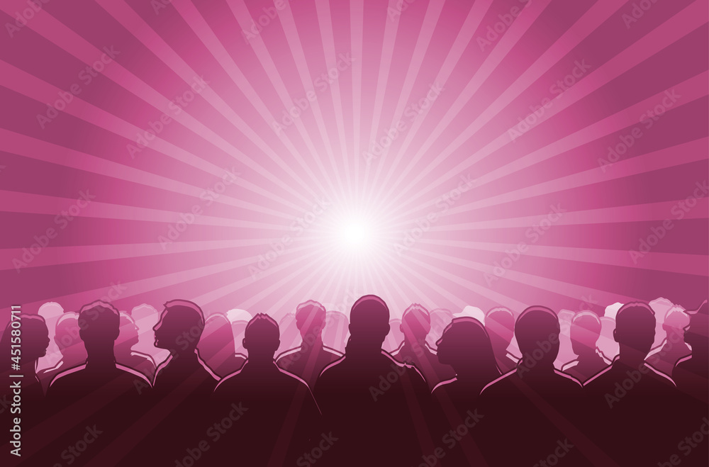 Obraz premium Silhouetted crowd ( audience, fans ) looks black by backlight. Vector banner illustration.