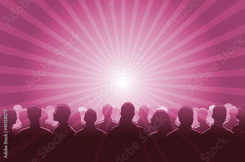 Silhouetted crowd ( audience, fans ) looks black by backlight. Vector banner illustration.