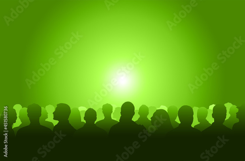 Silhouetted crowd ( audience, fans ) looks black by backlight. Vector banner illustration.