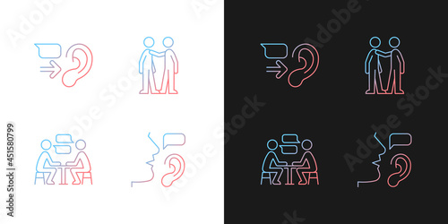Verbal and nonverbal communication gradient icons set for dark and light mode. Message receiver. Thin line contour symbols bundle. Isolated vector outline illustrations collection on black and white