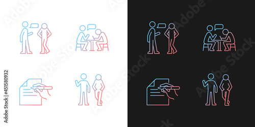 Understanding in communication gradient icons set for dark and light mode. Nonverbal signal. Thin line contour symbols bundle. Isolated vector outline illustrations collection on black and white
