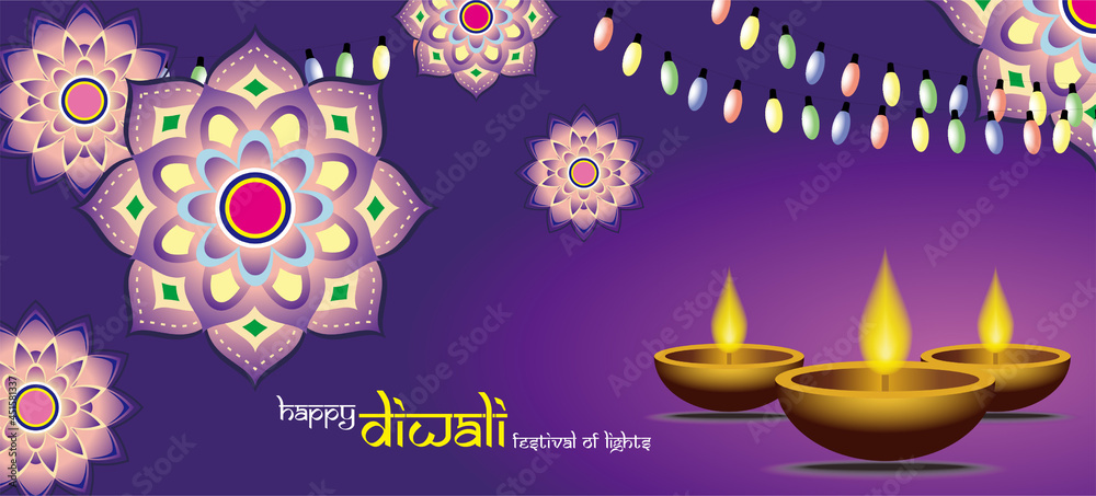 Fototapeta violet frame with candles, diwali day light festival background design