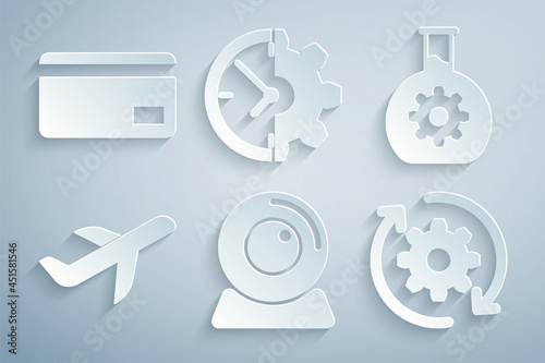Set Web camera, Bioengineering, Plane, Gear and arrows as workflow, Clock gear and Credit card icon. Vector