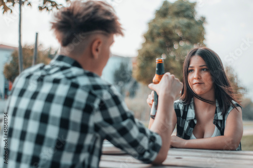 Cita romantica de dos jovenes en un picnic al aire libre brindando con sus cervezas de cristal