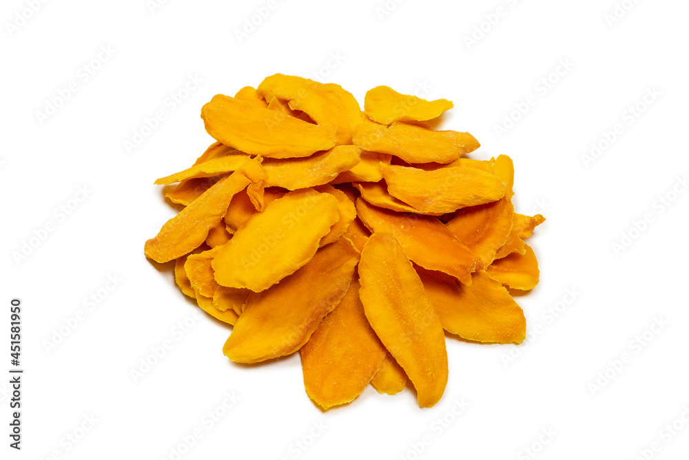 Dry tasty mango slices isolated on a white background. Dry tasty mango slices isolated on a white background.