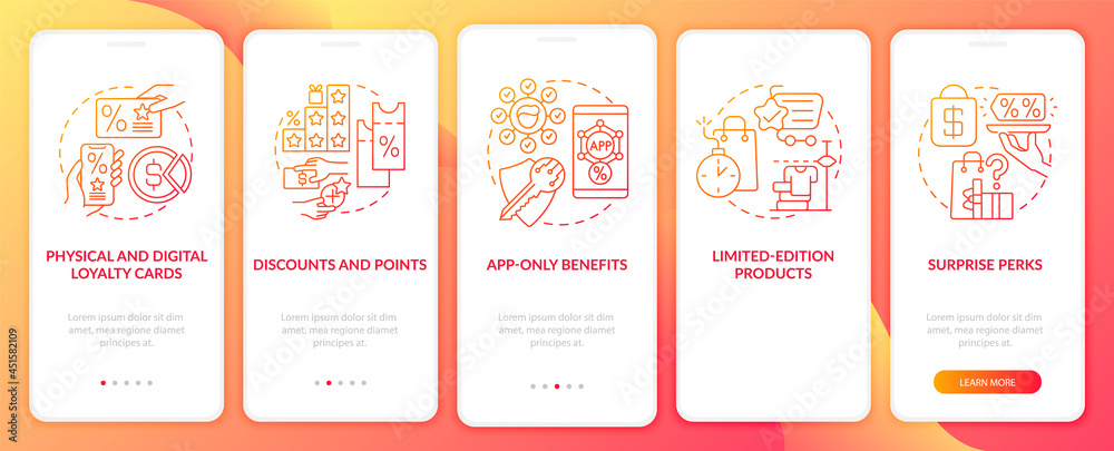 Grocery store loyalty program ideas red gradient onboarding mobile app page screen. Walkthrough 5 steps graphic instructions with concepts. UI, UX, GUI vector template with linear color illustrations
