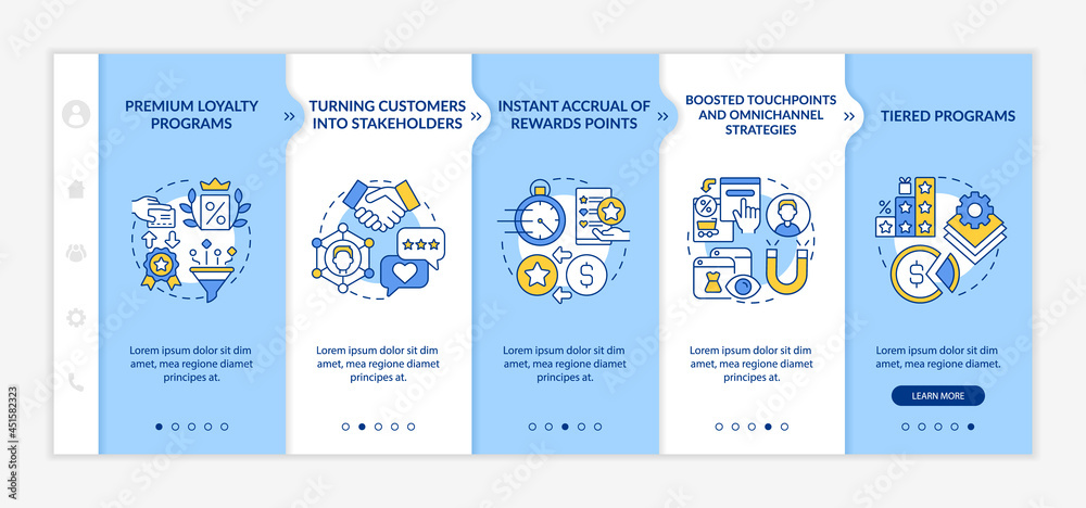 Fototapeta premium Loyalty program tendencies onboarding vector template. Responsive mobile website with icons. Web page walkthrough 5 step screens. Reward program color concept with linear illustrations