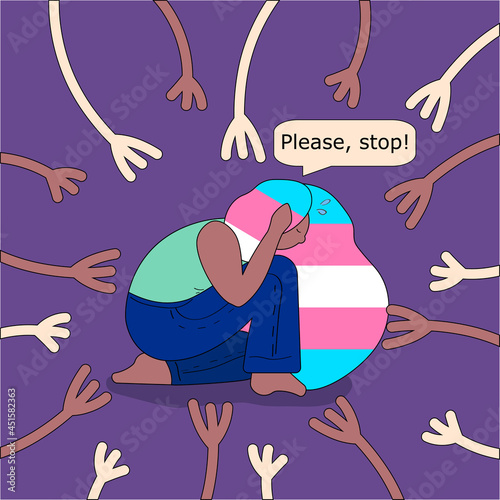 Bullying of Transgender. Transgender Day of Remembrance. Illustrations with a scared transgender woman