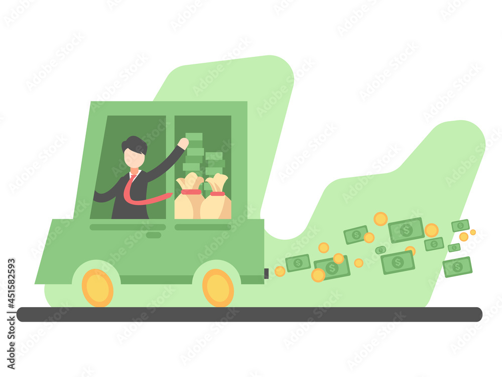 successful male businessman driving a car with lots of money and coins. money fly. concept of business, finance, work. flat vector design illustrations. isolated on a green and white background. successful male businessman driving a car with lots of money and coins. money fly. concept of business, finance, work. flat vector design illustrations. isolated on a green and white background.