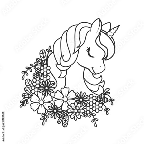 Portrait of a cute unicorn in flowers. Page for coloring book. Vector linear illustration isolated on white background