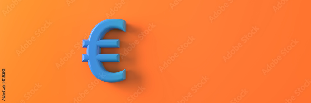 The symbol of the European currency is blue on an orange background. 3D visualization The symbol of the European currency is blue on an orange background. 3D visualization