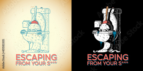 Illustration of a skull emerging from an outhouse in line art style. This spooky, funny, gothic and eccentric image is perfect for a poster or t-shirt design.