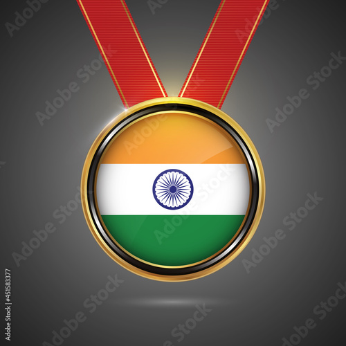 Abstract India country flag on gold medal vector. Sport game golden challenge award.