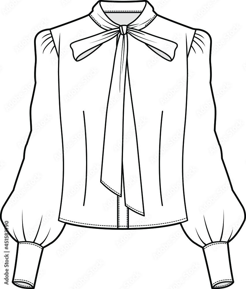 Vecteur Stock womens tie neck bishop sleeve buttoned cuff blouse fashion  technical flat sketch vector illustration isolated on white background |  Adobe Stock