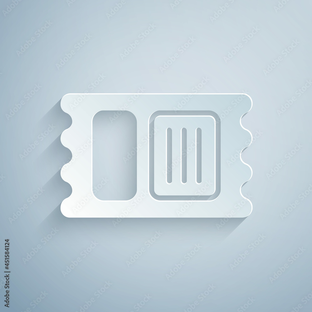 Paper cut Circus ticket icon isolated on grey background. Amusement park. Paper art style. Vector Paper cut Circus ticket icon isolated on grey background. Amusement park. Paper art style. Vector