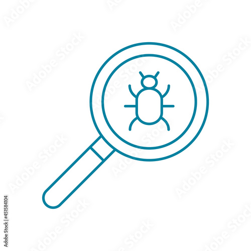 Computer program bug. Search, find and fix PC viruses. Magnifying glass and a bug icon. Error in operating system, software or web. Cyber security. Antivirus software. Vector illustration, clip art. 