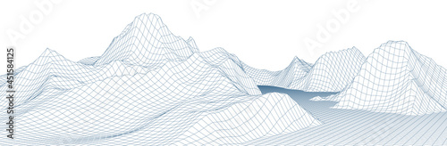 Wireframe landscape background. Digital landscape for presentations. Cyberspace grid. Vector illustration.