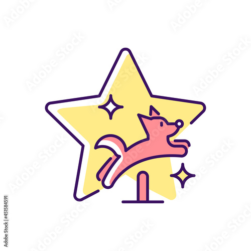 Pet training show RGB color icon. Dog tricks competition. Doggy exhibition. Animal television program. Watch fun media genre. Isolated vector illustration. Simple filled line drawing